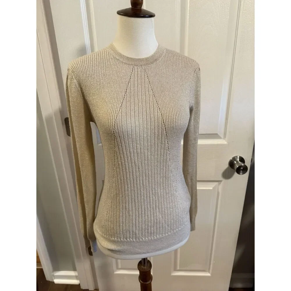 Brooks Brothers Red Fleece Wool Thin Sweater Sparkly Gold Small - Picture 1 of 6